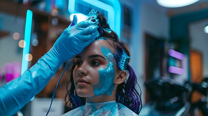 Young Woman dyeing her hair at a Salon