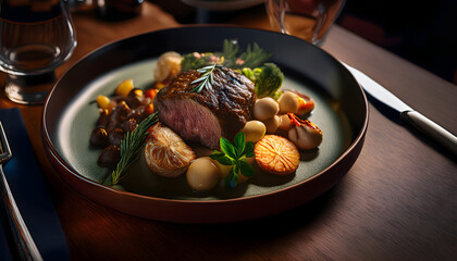 Gourmet Roasted Lamb Dinner Plate with Seasonal Vegetables and Herbs