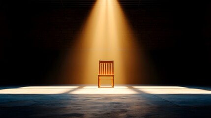 Wooden Chair Illuminated by Spotlight in Dark Room