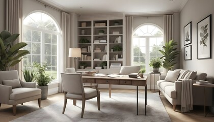 Fototapeta premium Serene Home Office with Natural Light and Stylish Decor