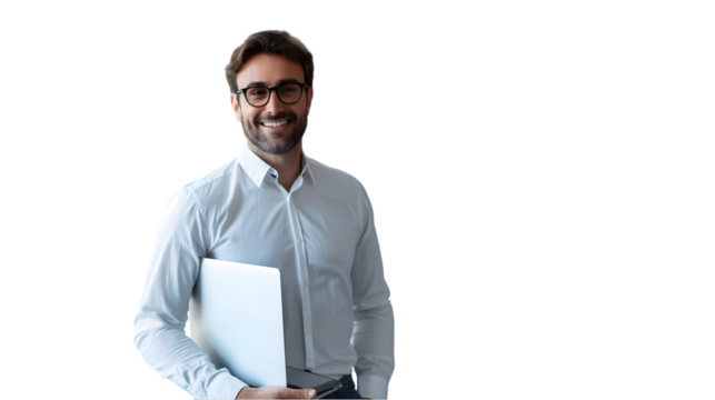 Man in white shirt holding laptop smiling with glasses on a TRANSPARENT background looking at the camera