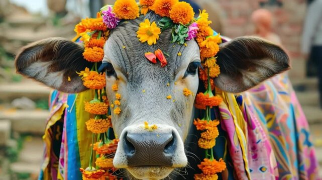 Beautifully Decorated Cow for Gai Tihar Festival in Nepal with Flowers and Traditional Attire