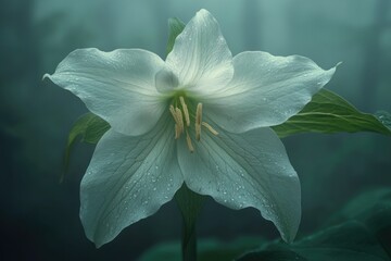 A serene white trillium flower, glistening with dew, stands elegantly in a misty forest.