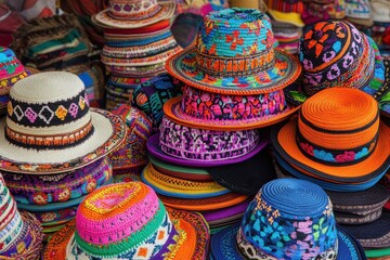 Colorful handmade hats stacked high, vibrant designs and patterns.  A variety of styles and colors are displayed
