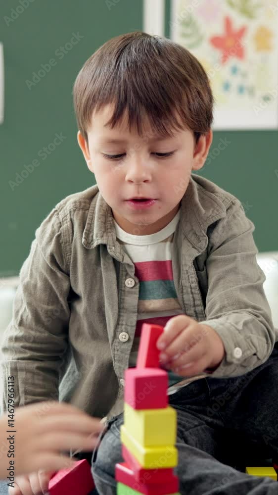 Poster school, child and boy with blocks for education, creative and cognitive development in classroom. ki