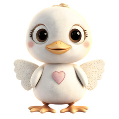 A 3D baby duck with stitched wings and feet, button eyes, and heart embroidery on chest, clean white PNG.