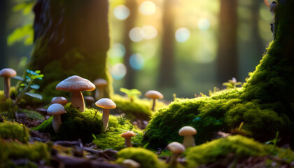 Enchanting Forest Scene Mushrooms Growing on Moss in Sunlight
