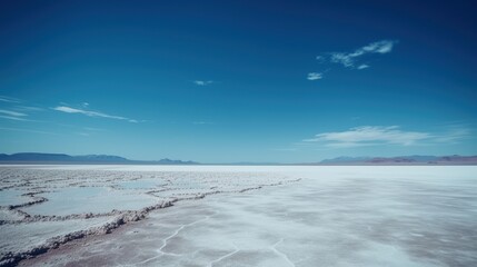 Vast, arid, white salt flat expanse under clear blue sky