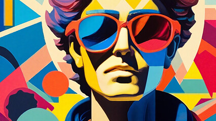 Vibrant modern interpretation of a classical statue featuring bold colors and sunglasses displayed against an abstract geometric backdrop highlighting innovative design and creative flair - Art Backgr
