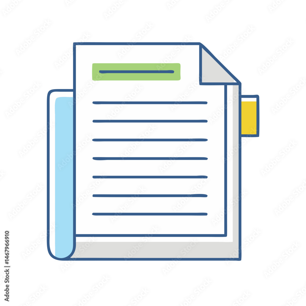 Poster illustration of document file paper with lines for text and a tab for organization and filing