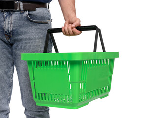 Fototapeta premium Man with empty shopping basket on white background, closeup