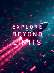 text="Explore Beyond Limits" on a futuristic minimalist digital interface background with neon-infused circuitry and a sleek spaceship flying into orbit. 