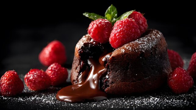Decadent dessert: molten chocolate lava cake with fresh raspberries and a dusting of powdered sugar.