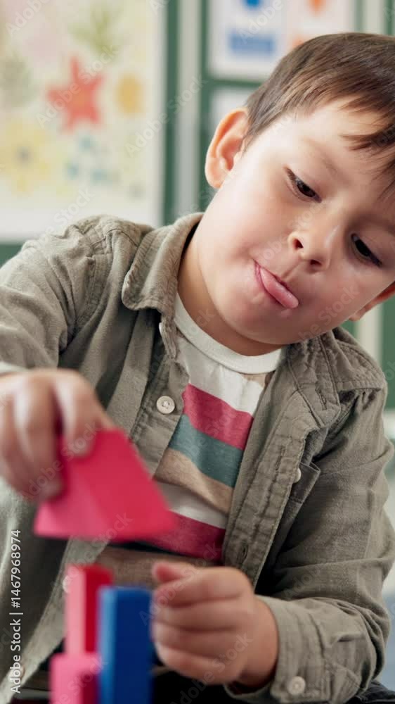 Poster kindergarten, child and boy with blocks for learning, creative and cognitive development in classroo