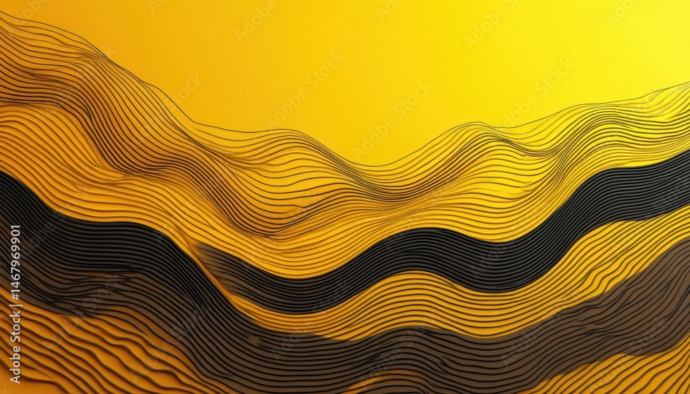Poster abstract geometric art with yellow topographic background. black lines forming wave-like shapes. mod