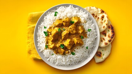 Savory curry on rice with flatbread on a vibrant yellow backdrop for a delicious and satisfying meal.