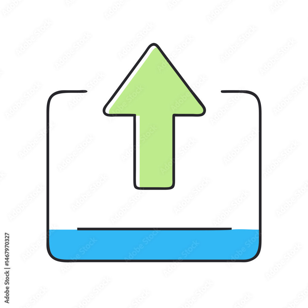 Poster upload icon green arrow into box with blue bottom for file transfer and data sharing use