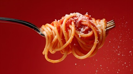 Twirled pasta with tomato sauce and grated cheese, presented on a fork against a vibrant red background.