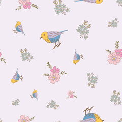 Pastel Birds and Flowers Vector Seamless Pattern n a whimsical vintage style