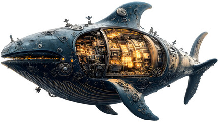 Naklejka premium A secret pirate vault hidden inside a massive clockwork whale. Ultra-HD, transparent background --ar 16:9