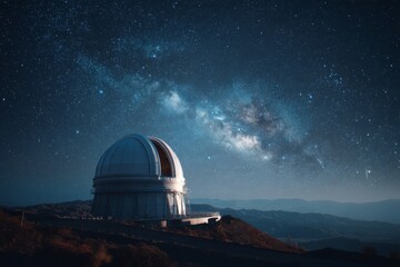 Obraz premium Observatory Building on Mountain Ridge Gaze at Milky Way Galaxy, Stars in Night Sky with Landscape Mountainous View