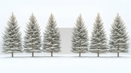 Fototapeta premium Five snow-covered evergreen trees stand symmetrically before a blank wall in a minimalist winter scene