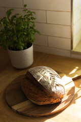 sourdough bread on wooden cutting board in a country house kitchen in front of basil