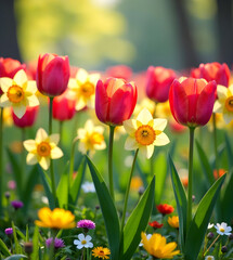 Obraz premium a stunning field of tulips and daffodils sway in the spring breeze on a sunny meadow background with dew-kissed grass and vibrant wildflowers. 