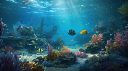 Fototapeta premium Vibrant coral reef teeming with life. Sunlight streams through the water