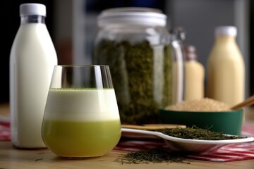Matcha latte in a glass on a clean wooden table, Around there are milk in a bottle, green tea, cane sugar, Light Colors, High-Key Lighting