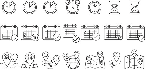 Obraz premium Time, date and address concept editable stroke outline icons set isolated on white background flat vector illustration