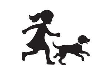 Girl chasing a dog icon silhouette on white background.02