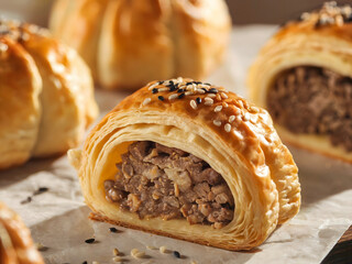 Close-Up of Delicious Savory Meat-Filled Puff Pastry Bites on Wooden Plate