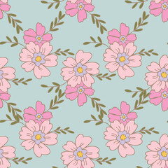 Pastel Birds and Flowers Vector Seamless Pattern n a whimsical vintage style