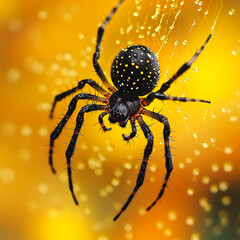 Fototapeta premium Black white spider on yellow web nature macro photography creepy crawly insect wildlife
