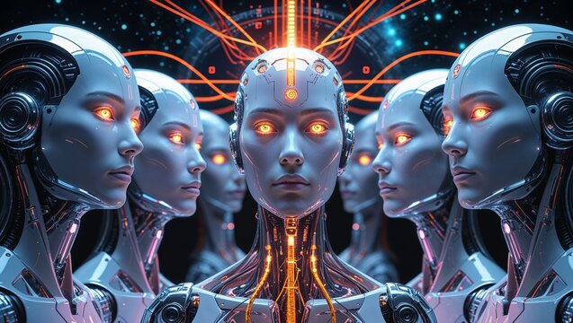 Futuristic humanoid robots with glowing eyes and neural network connections in sci-fi