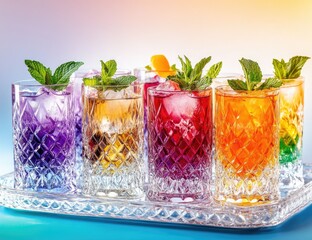 Fototapeta premium Colorful cocktails arranged on a tray. Refreshing drinks in various hues, garnished with fresh mint