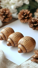 Three intricately carved, light brown, acorn-shaped ornaments arranged on a white surface, surrounded by pine cones and soft fabric