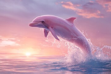 Naklejka premium Pink Dolphin leaps from shimmering ocean surface at sunset hour, creating splash with water drops and colorful sky horizon.