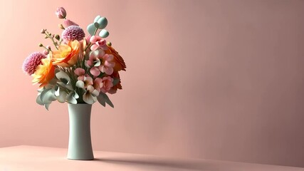 An eco-friendly floral arrangement in a repurposed ceramic vase, featuring seasonal blooms and leafy greens against a soft, pastel background