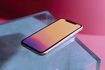 Modern Communication Device on Glass Surface Displaying Gradient Colors Against Vivid Red Background