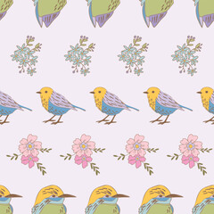 Pastel Birds and Flowers Vector Seamless Pattern n a whimsical vintage style