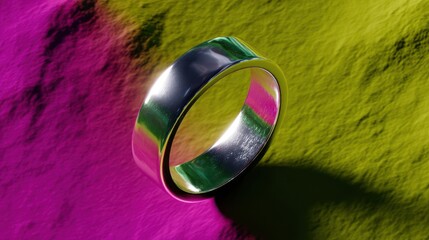 Fototapeta premium Polished Silver Ring on Abstract Pink and Yellow Surface Reflecting Light for Jewelry Advertisement