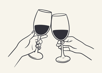 Female hand holding a glass of wine. Minimal linear fashion style.