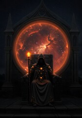 Mystical figure enthroned before a cosmic portal, radiating celestial aura, with an aura of enigmatic majesty and otherworldly power in the eerie glow