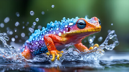 Fototapeta premium Whimsical creature formed from rainbow paint leaping with fluid motion