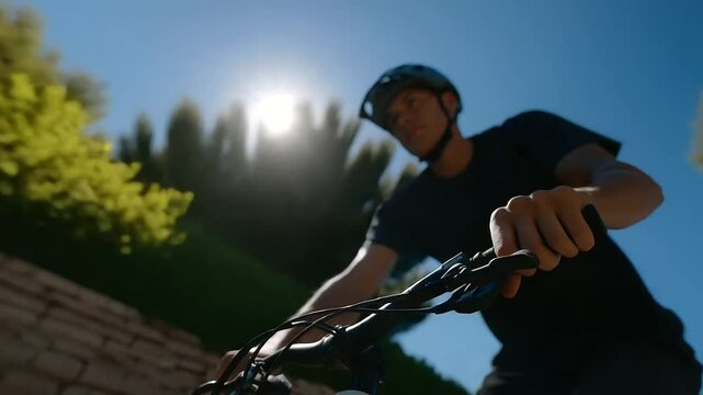 Person inflating a bike tire in a sunny driveway