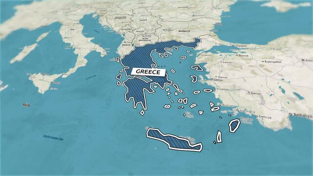 Borders of the state of Greece on the map. Country Greece on the map is highlighted by a polygonal border. From above zooming in with panoramic view