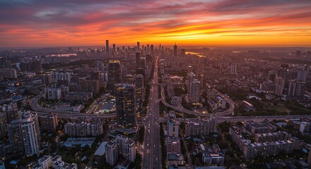 Fototapeta premium Sunset Over City Skyline - Urban Landscape with Golden Hour Light 