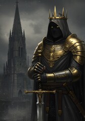 A regal figure in golden armor stands watch over a gothic cathedral under a stormy sky suggesting an era of darkness and looming confrontation